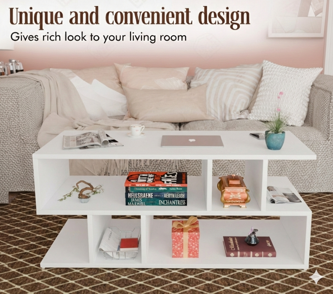 Spydercraft Zig Zag Bedside Table in White Finish | Modern Wooden Nightstand with Open Shelves | Engineered Wood Side Table