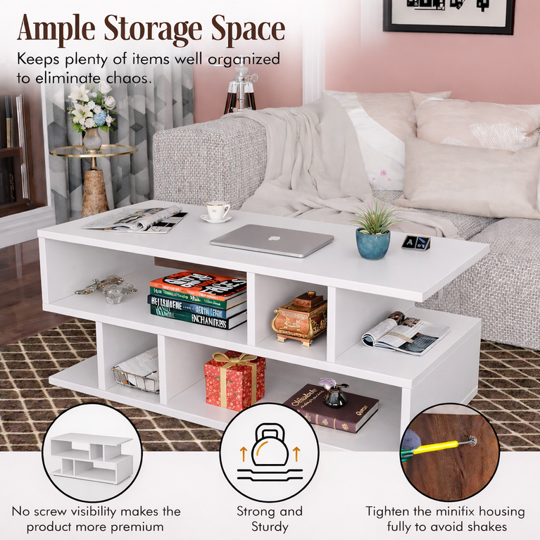 Spydercraft Zig Zag Bedside Table in White Finish | Modern Wooden Nightstand with Open Shelves | Engineered Wood Side Table