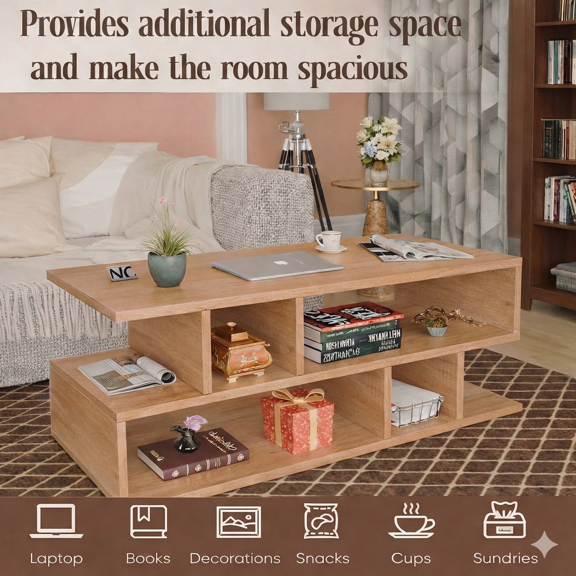 Spydercraft Zig Zag Bedside Table in Canyon Oak Finish | Modern Wooden Nightstand with Open Shelves | Engineered Wood Side Table