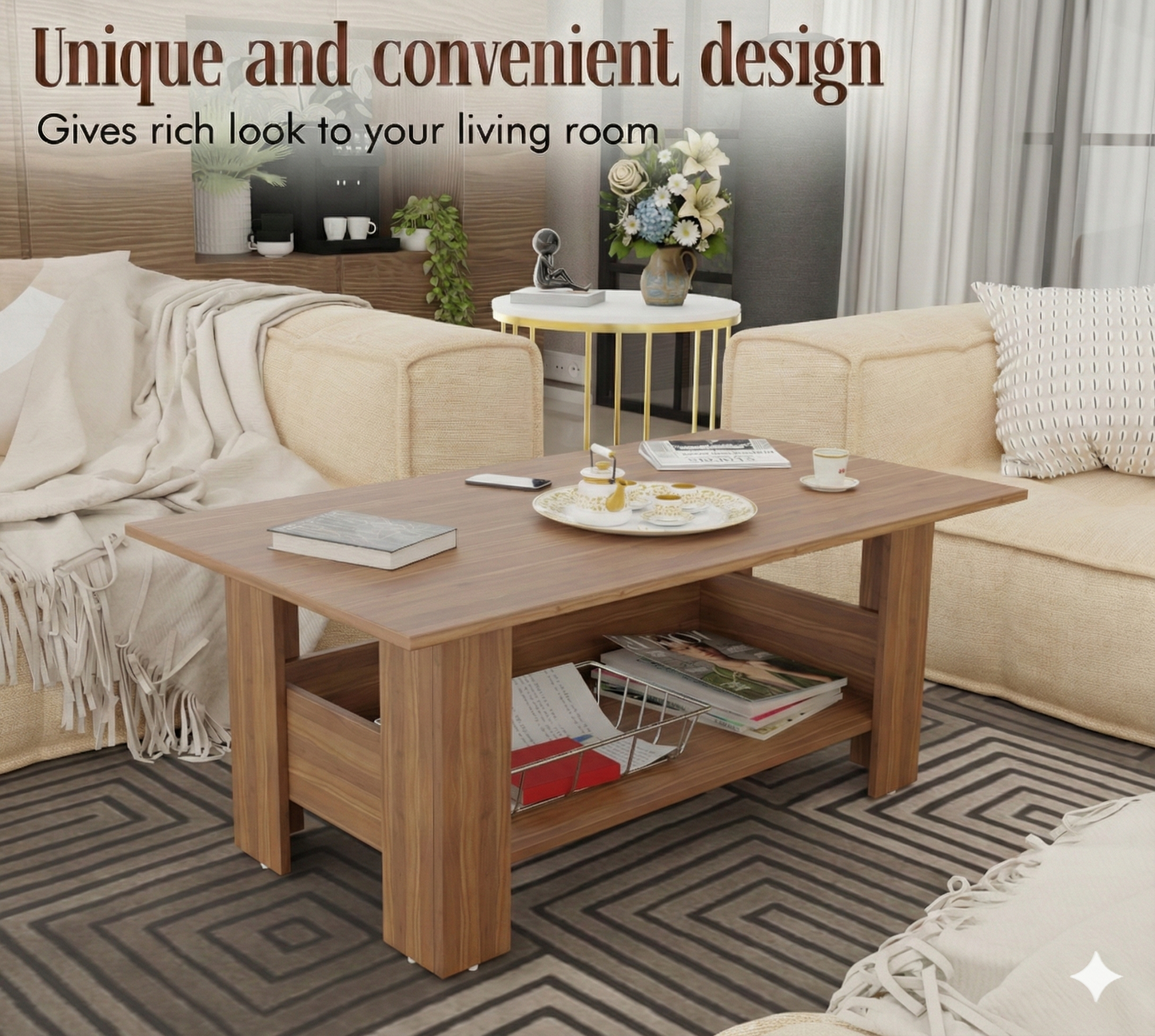 Spyder Craft Gabrial Modern Wooden Coffee Table with Storage| Coffee Table for Living Room Engineered Wood Coffee Table (Modern, Noce Lyon))