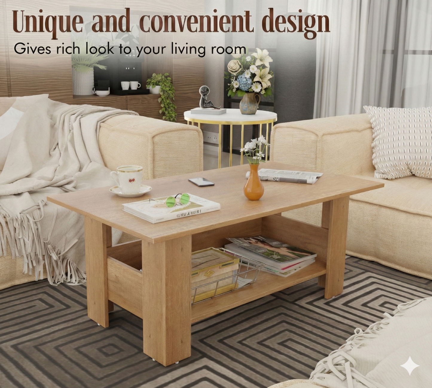 Spyder Craft Gabrial Modern Wooden Coffee Table with Storage| Coffee Table for Living Room Engineered Wood Coffee Table (Modern, Canon Oak)