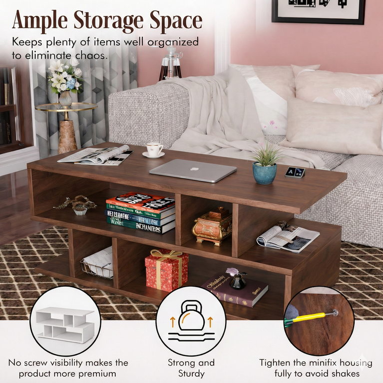 Spydercraft Zig Zag Bedside Table in Columbian Walnut Finish | Modern Wooden Nightstand with Open Shelves | Engineered Wood Side Table