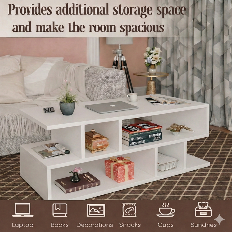 Spydercraft Zig Zag Bedside Table in White Finish | Modern Wooden Nightstand with Open Shelves | Engineered Wood Side Table