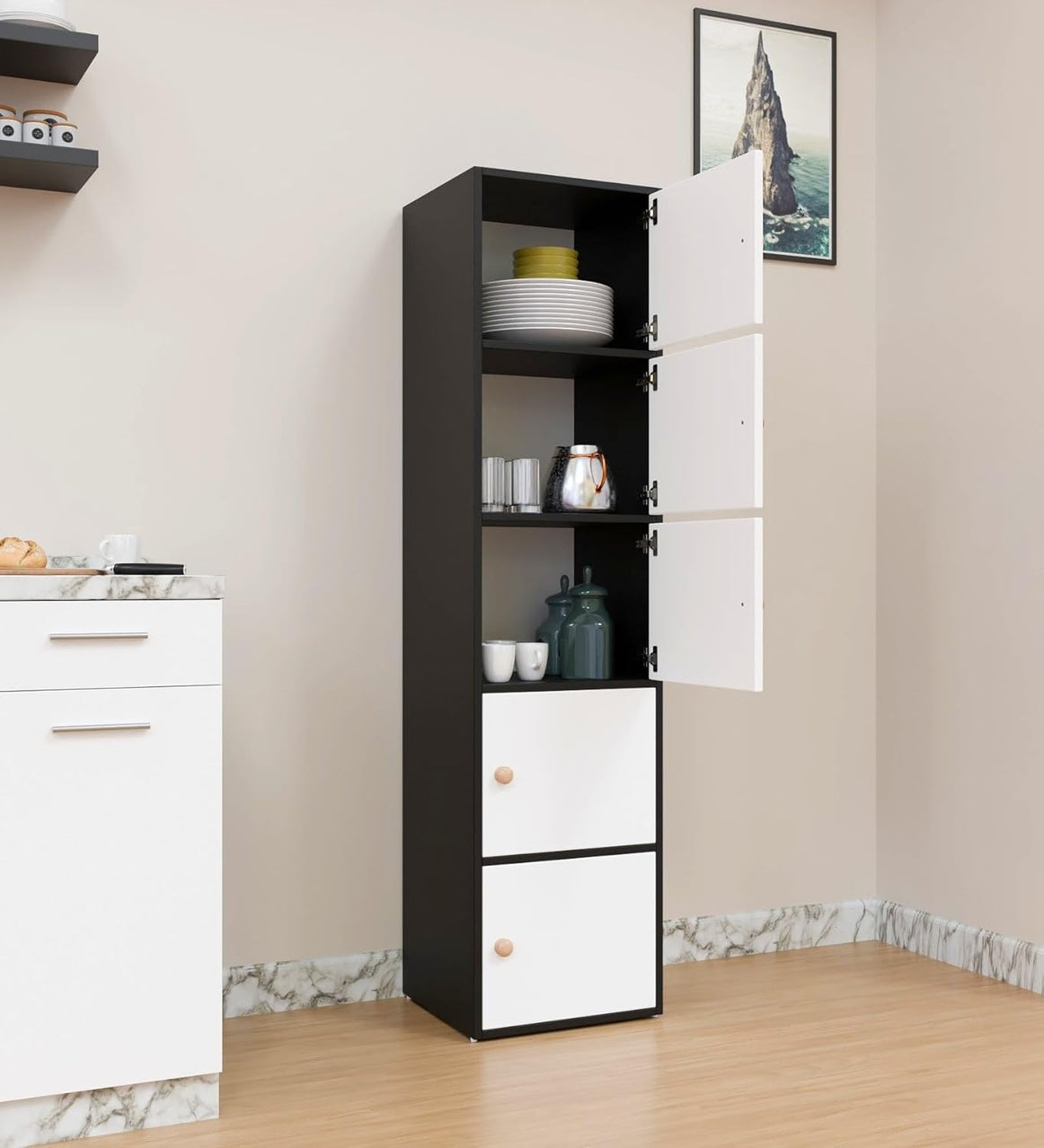 Spyder Craft Wooden Cabinet - Five Tier Engineered Wood Storage Cabinet for Living Room, Space Saving Furniture for Home, Office, Kitchen, Color Black-White -L 38 x B 38 x H 165.5 cm 1 Year Warranty