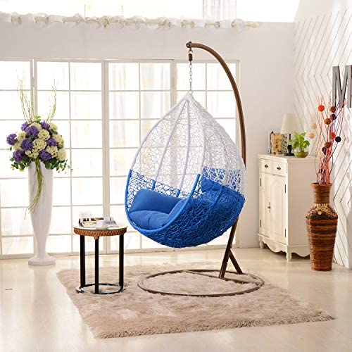 Spyder Craft Single Seater Hammock Swing Chair with Stand and Cushion Outdoor Indoor Balcony Garden Patio, Powder Coated Frame, UV Protected Wicker, Premium Cushion (Blue)