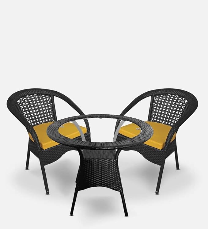 SPYDER CRAFT Rattan Wicker Patio Furniture Sets Outdoor Garden Balcony Coffee Chair Table Set 2+1 with Cushion, Powder Coated, UV Protected, (Black)