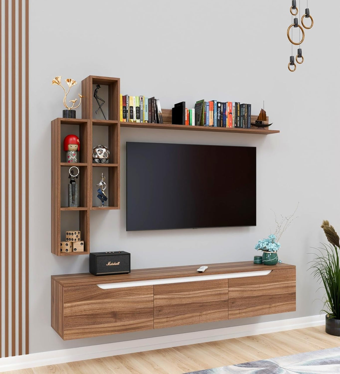Spyder Craft D3 Wall Mounting Floating TV Unit with Wall Shelf TV Stand with Bookshelf Wall Mounted with Shelf Modern Color: Wood Brown & White, Easy to Assemble, 1 Year Warranty