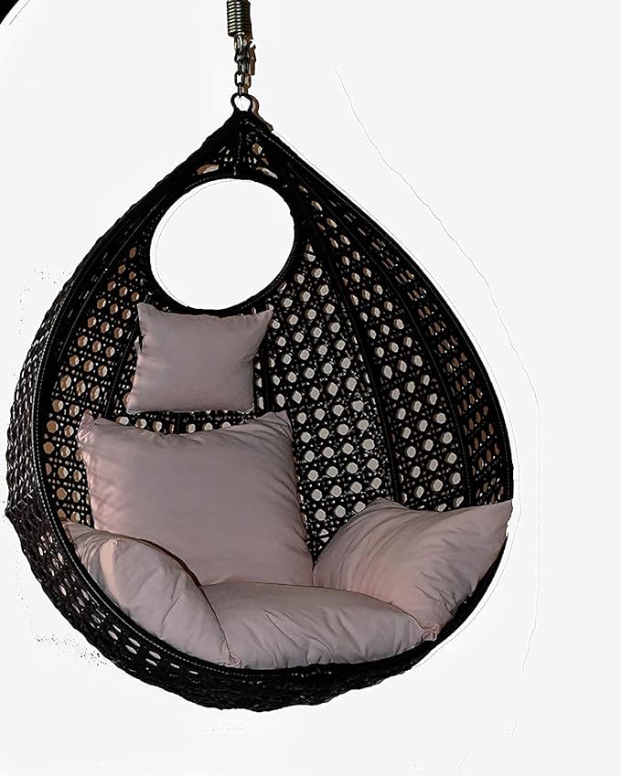 Spyder Home Decore Rattan Single Seater Hammock Swing Chair With Stand And Cushion Outdoor Indoor Balcony Garden Patio, Powder Coated Frame, Uv Protected Wicker, Premium Cushion (Black+Beige)