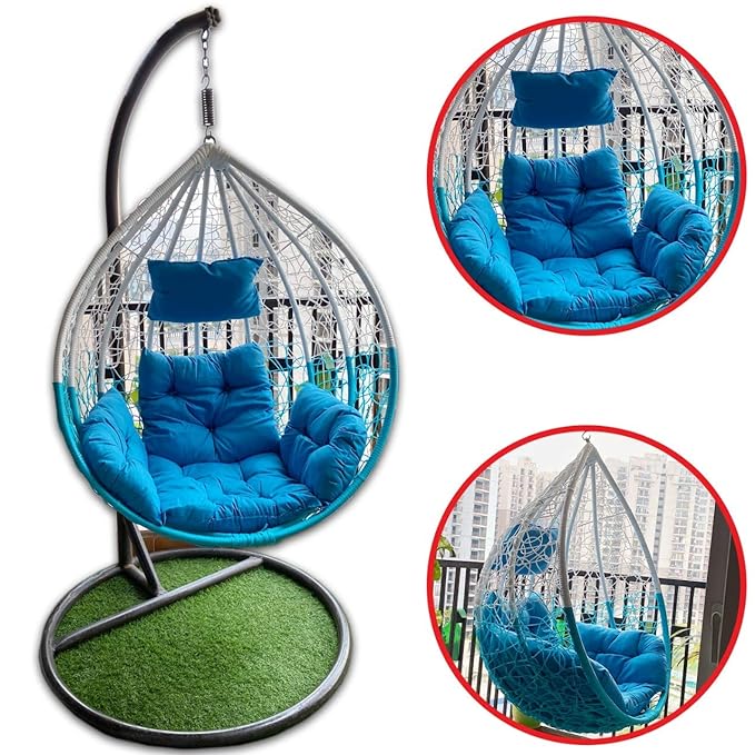 Spyder Craft Single Seater Hammock Swing Chair with Stand and Cushion Outdoor Indoor Balcony Garden Patio, Powder Coated Frame, UV Protected Wicker, Premium Cushion (Blue)
