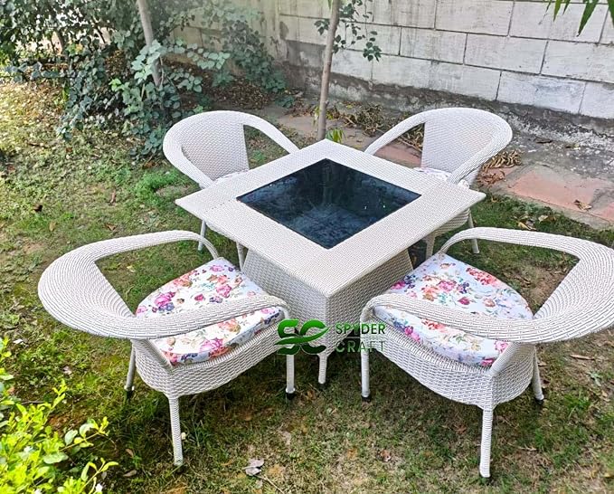 SPYDER CRAFT Rattan Wicker Patio Furniture Sets Outdoor Garden Balcony Coffee Chair Table Set 4+1 with Cushion, Powder Coated, UV Protected, (Off-White)