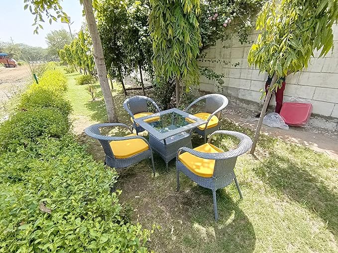 SPYDER CRAFT Rattan Wicker Patio Furniture Sets Outdoor Garden Balcony Coffee Chair Table Set 4+1 with Cushion, Powder Coated, UV Protected, (Black)