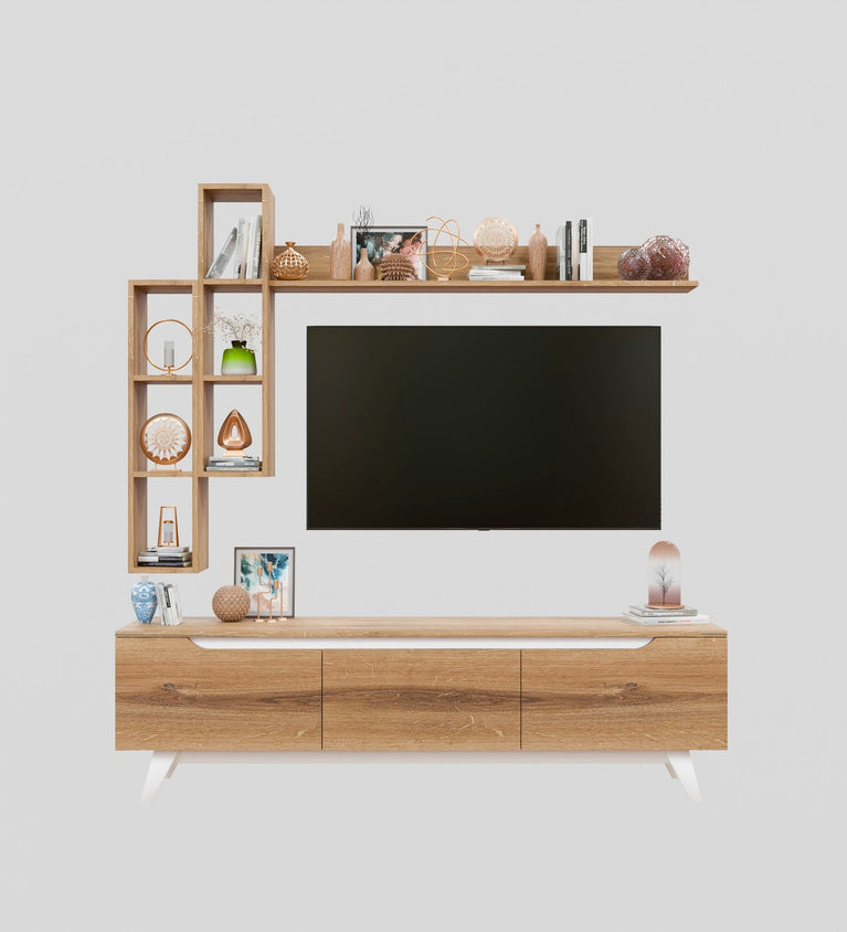 Spydercraft D3 Modern TV Unit with Wall Shelves – Entertainment Console Set (180 x 51 x 35 cm) | Canyon Oak & White Finish | Engineered Wood| Do-It-Yourself Product