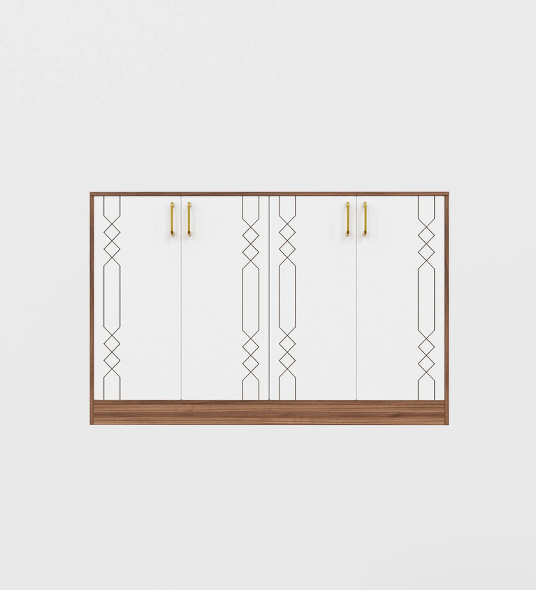 Spydercraft Embellix Multipurpose Storage Cabinet – 4 Door Organizer Unit (139 x 90 x 35 cm) | Noce Lyon & White with Gold Handles & Geometric Detailing