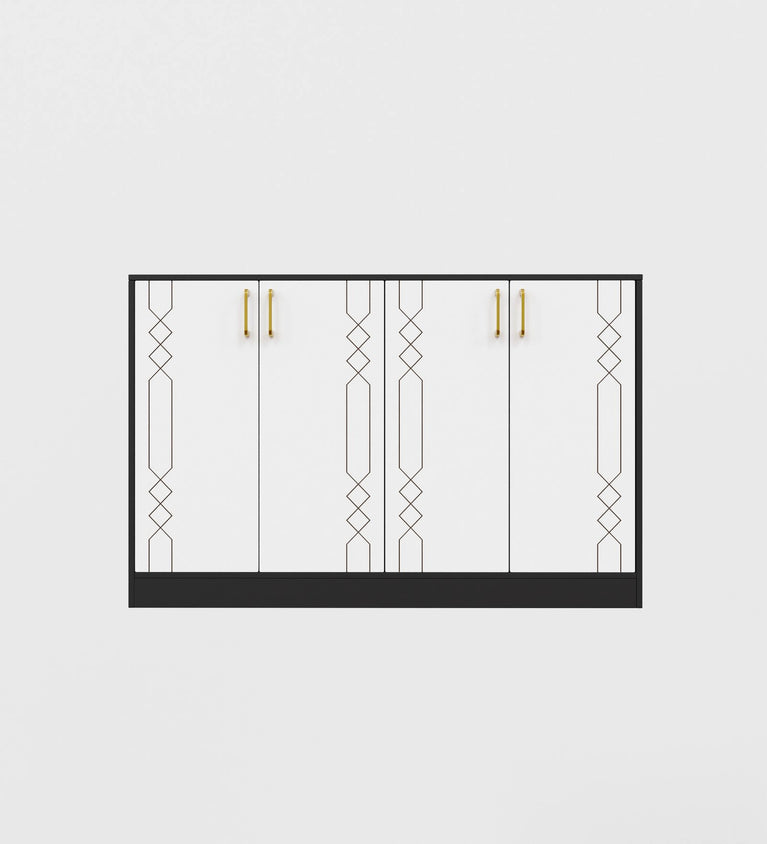 Spydercraft Embellix Multipurpose Storage Cabinet – 4 Door Organizer Unit (139 x 90 x 35 cm) | Black & White with Gold Handles & Geometric Detailing
