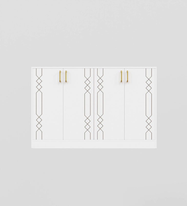 Spydercraft Embellix Multipurpose Storage Cabinet – 4 Door Organizer Unit (139 x 90 x 35 cm) | Matte White with Gold Handles & Geometric Detailing