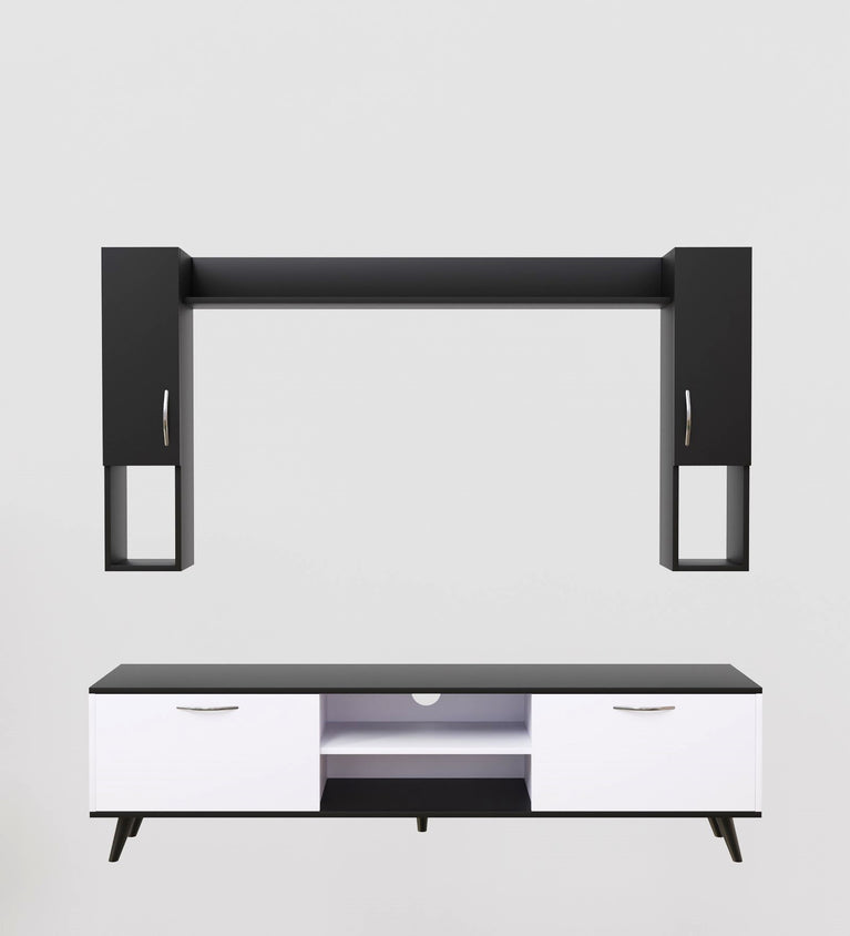 Spyder Home Decore Craft Matte Finish M5 Tv Unit with Wall Shelf, Wall Mounted with Shelf Modern Leg, 180 Cm Color: White and black|| Assembly -DIY (Do-It-Yourself)