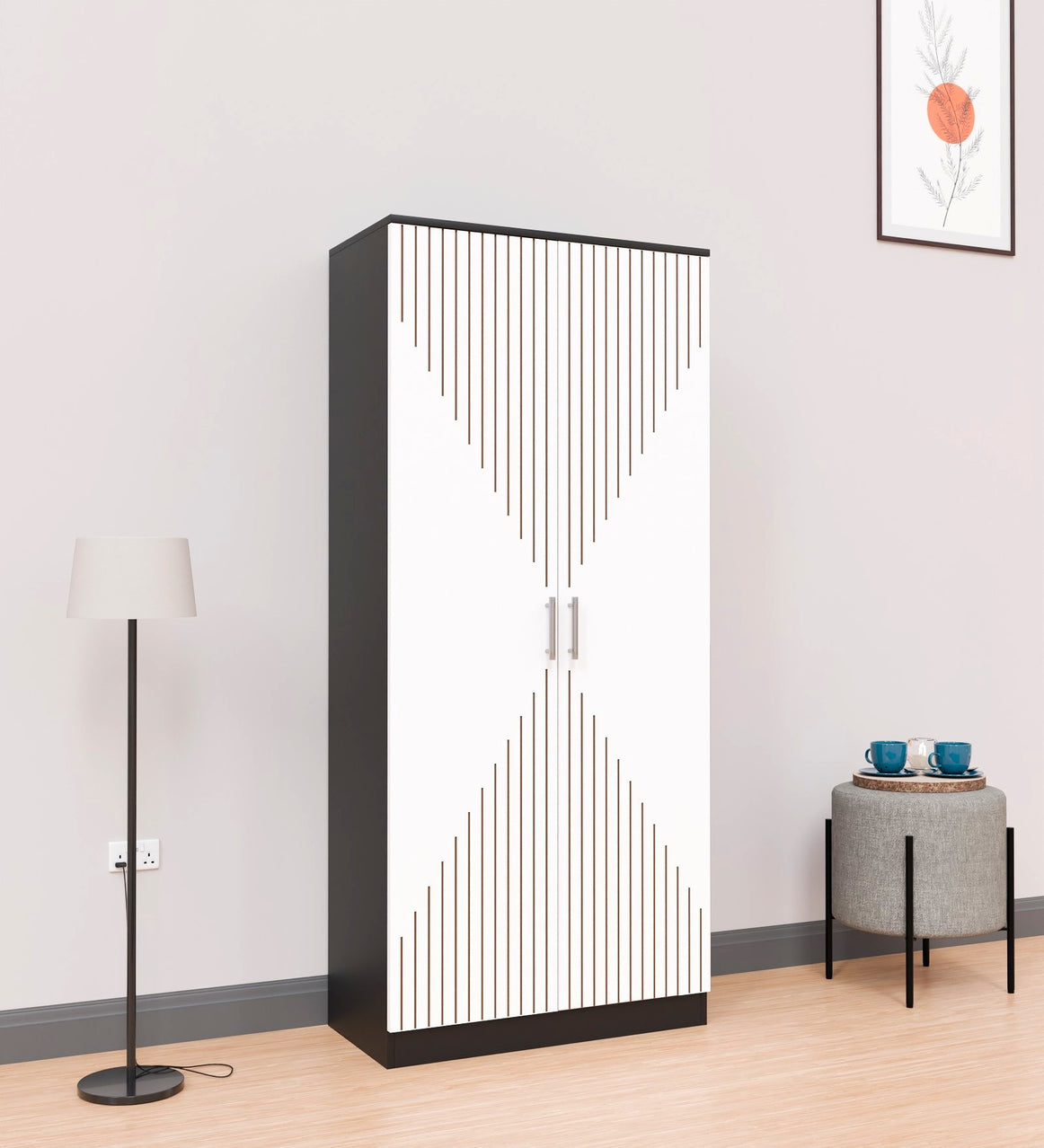 Spydercraft Matte Finish Modern 2-Door Black & White Wardrobe with Vertical Gold Accents| Color: Black and White| Do- It-Yourself Product