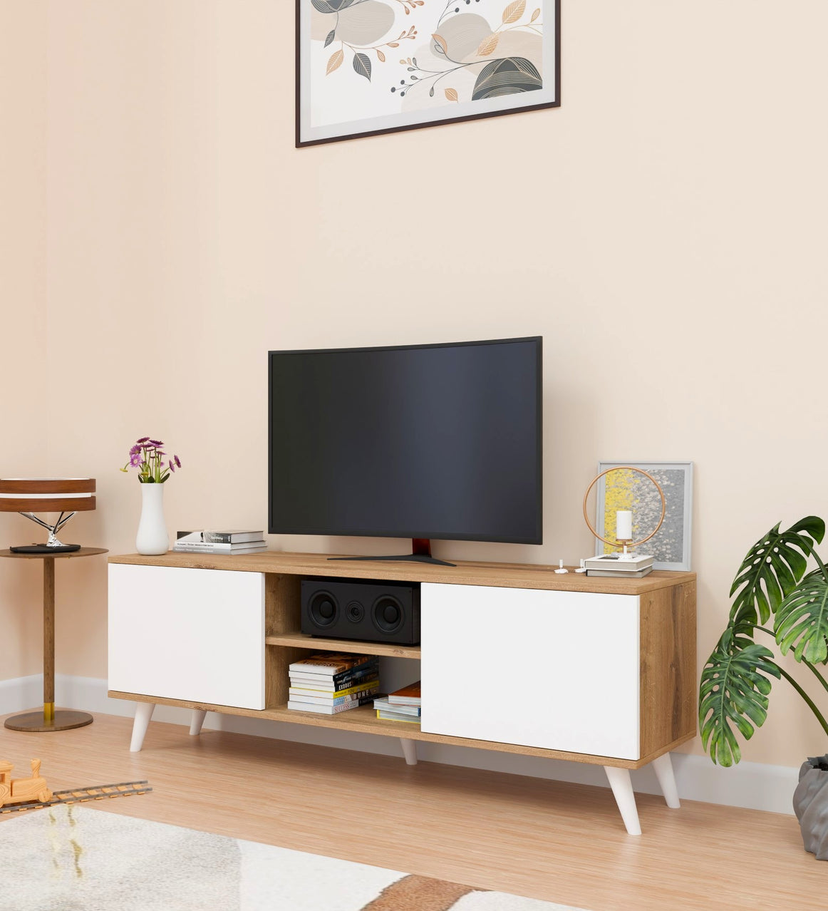 Spydercraft Matte Finish W-Live TV Unit| Color: Canyon Oak and White| Do- It-Yourself Product