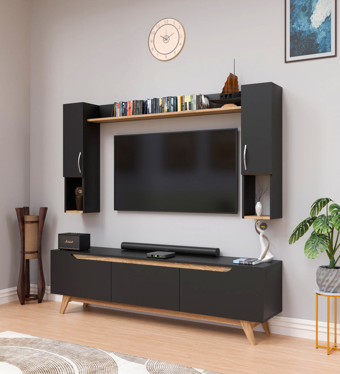 Spyder Craft Matte Finish D3 Black TV Unit with Wall Shelf, TV Stand with Bookshelf Wall Mounted with Shelf, Color: Black and Canyon Oak|| Assembly-DIY (Do-It-Yourself)