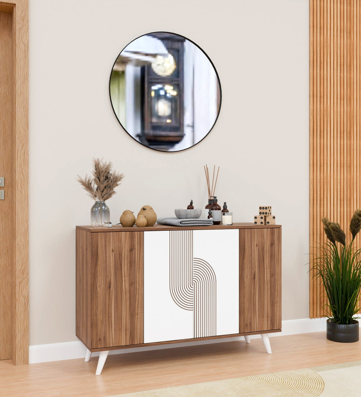 Spyder Craft Marcos Multi Purpose Five Door Buffet Console Cabinet, Geometric TV Stand with Open Shelves : Show Off Your Decor & Keep Your Electronics Organized, Color Wood Brown, 1 Year Warranty