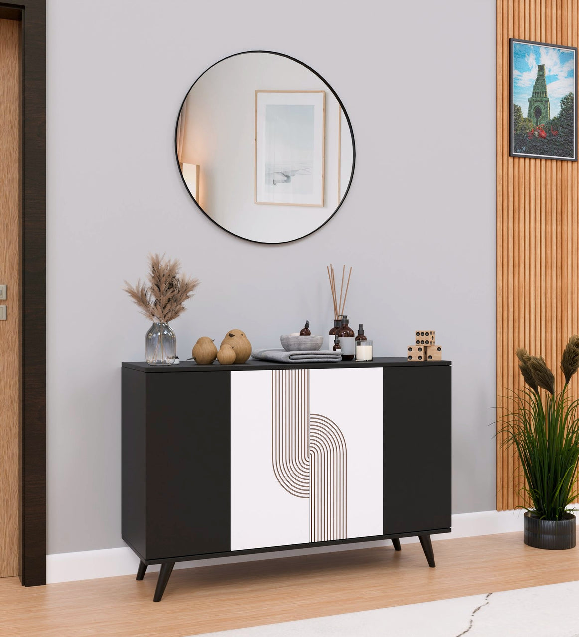 Spyder Craft Marcos Multi Purpose Five Door Buffet Console Cabinet, Geometric TV Stand with Open Shelves : Show Off Your Decor & Keep Your Electronics Organized, Easy to Assemble, 1 Year Warranty