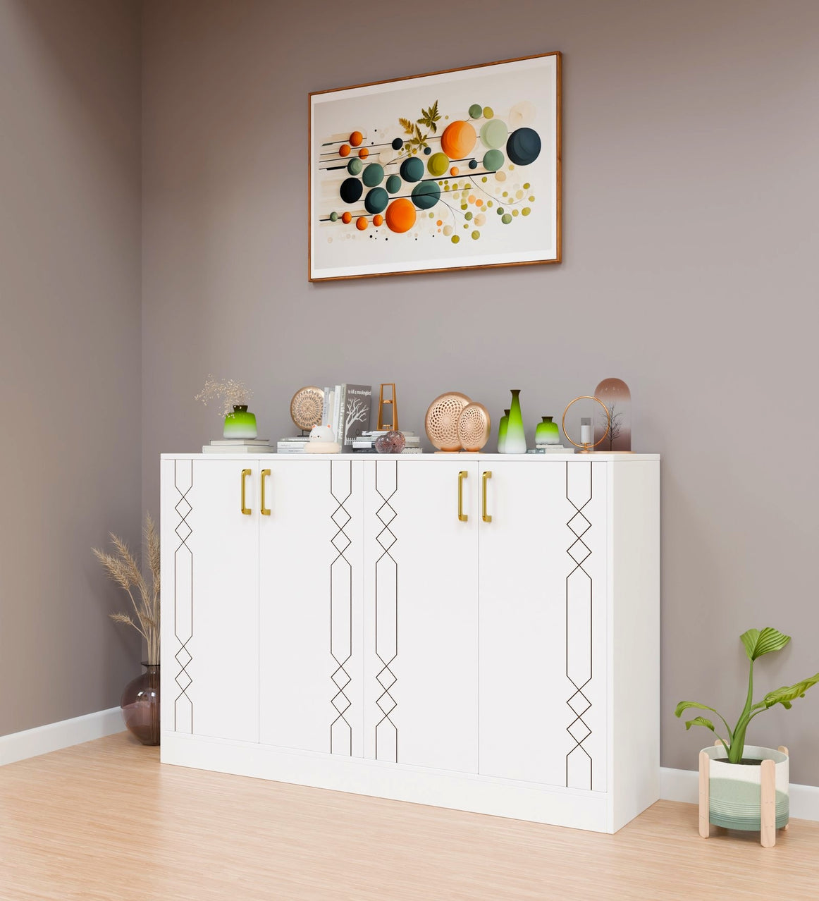 Spydercraft Embellix Multipurpose Storage Cabinet – 4 Door Organizer Unit (139 x 90 x 35 cm) | Matte White with Gold Handles & Geometric Detailing