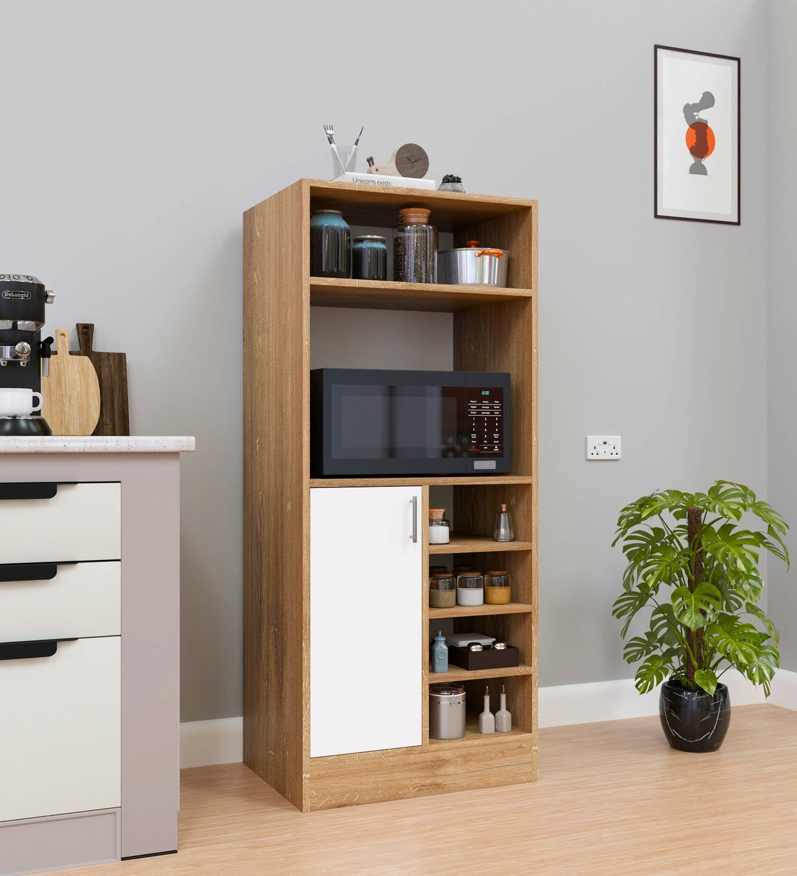 Spyder Craft Elena Dual Tone Kitchen Cabinet - Easy Assembly for Home Living Room, Office, Kitchen (Color: White and Canyon Oak, Length= 60cm, Breadth= 45cm, Height= 140cm