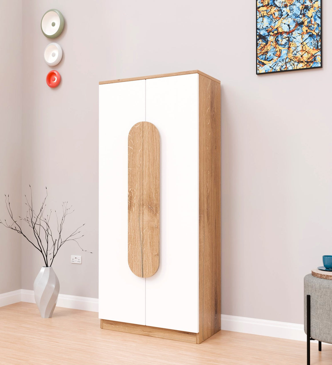 Spydercraft Matte Finish Novaarc Modern 2-Door Wardrobe with Oval Canyon Oak and White Handle | Canyon Oak and White Finish | Engineered Wood | Do-It-Yourself Product
