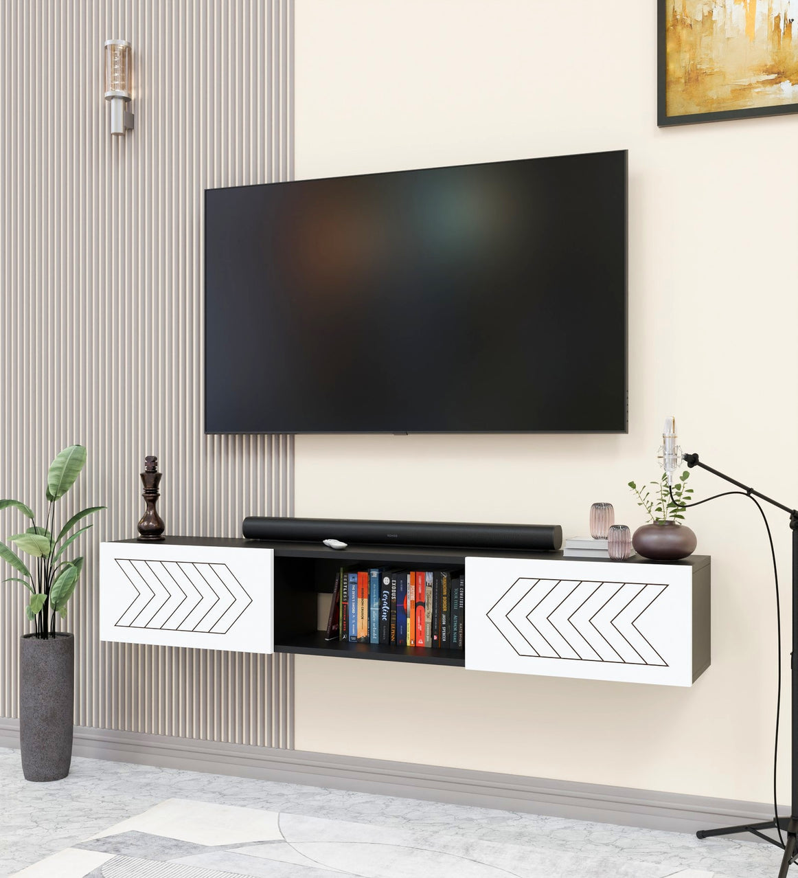 Spydercraft Matte Finish Indira Floating TV Unit| Color:  Black and White| Do- It- Yourself Product