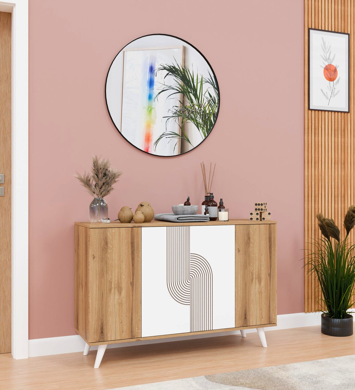 Spyder Craft Marcos Multi Purpose Five Door Buffet Console Cabinet, Geometric TV Stand with Open Shelves : Show Off Your Decor & Keep Your Electronics Organized, Easy to Assemble, 1 Year Warranty