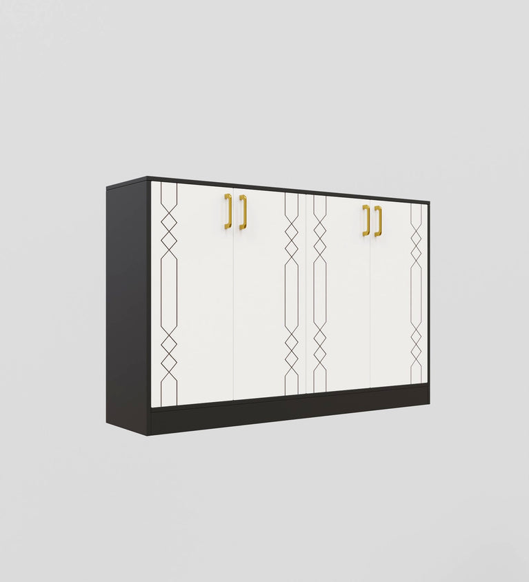 Spydercraft Embellix Multipurpose Storage Cabinet – 4 Door Organizer Unit (139 x 90 x 35 cm) | Black & White with Gold Handles & Geometric Detailing