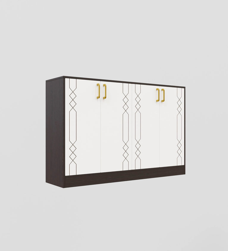 Spydercraft Embellix Multipurpose Storage Cabinet – 4 Door Organizer Unit (139 x 90 x 35 cm) | Wenge Brown & White with Gold Handles & Geometric Detailing