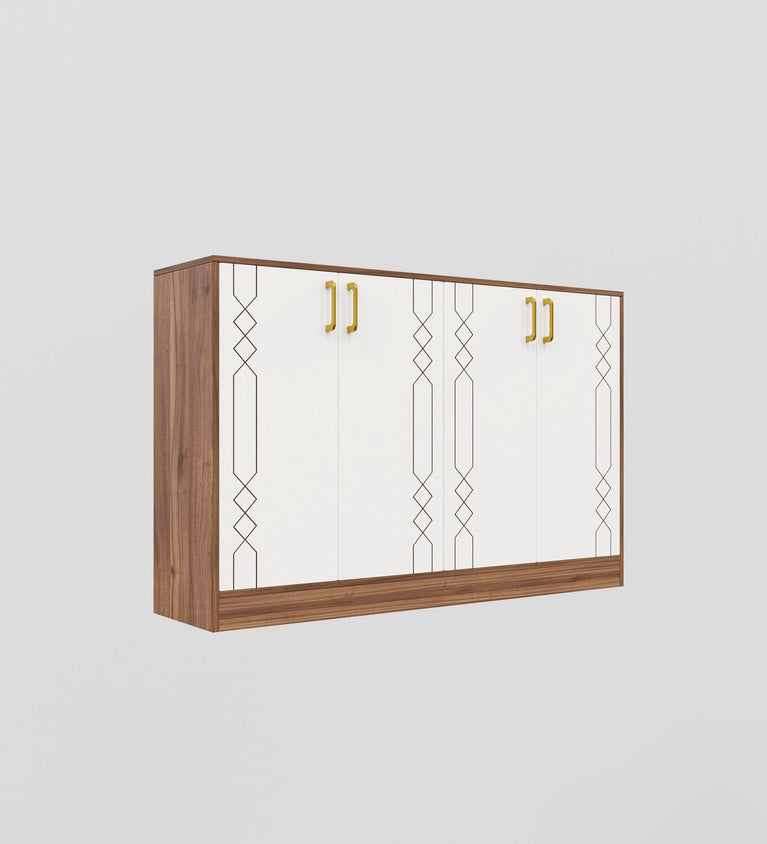 Spydercraft Embellix Multipurpose Storage Cabinet – 4 Door Organizer Unit (139 x 90 x 35 cm) | Noce Lyon & White with Gold Handles & Geometric Detailing
