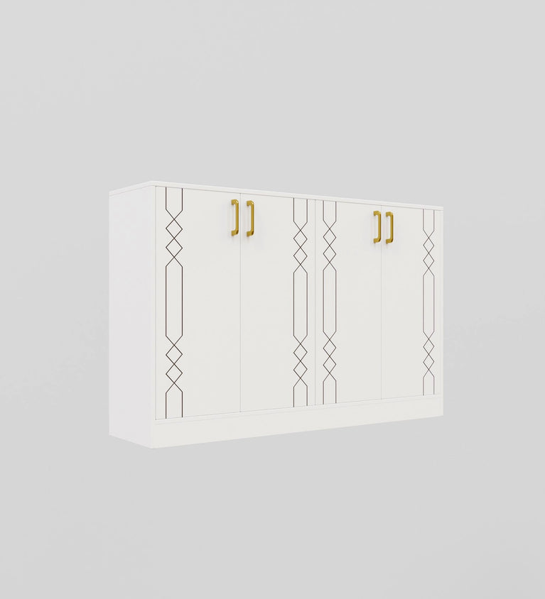 Spydercraft Embellix Multipurpose Storage Cabinet – 4 Door Organizer Unit (139 x 90 x 35 cm) | Matte White with Gold Handles & Geometric Detailing