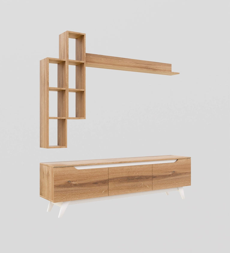 Spydercraft D3 Modern TV Unit with Wall Shelves – Entertainment Console Set (180 x 51 x 35 cm) | Canyon Oak & White Finish | Engineered Wood| Do-It-Yourself Product