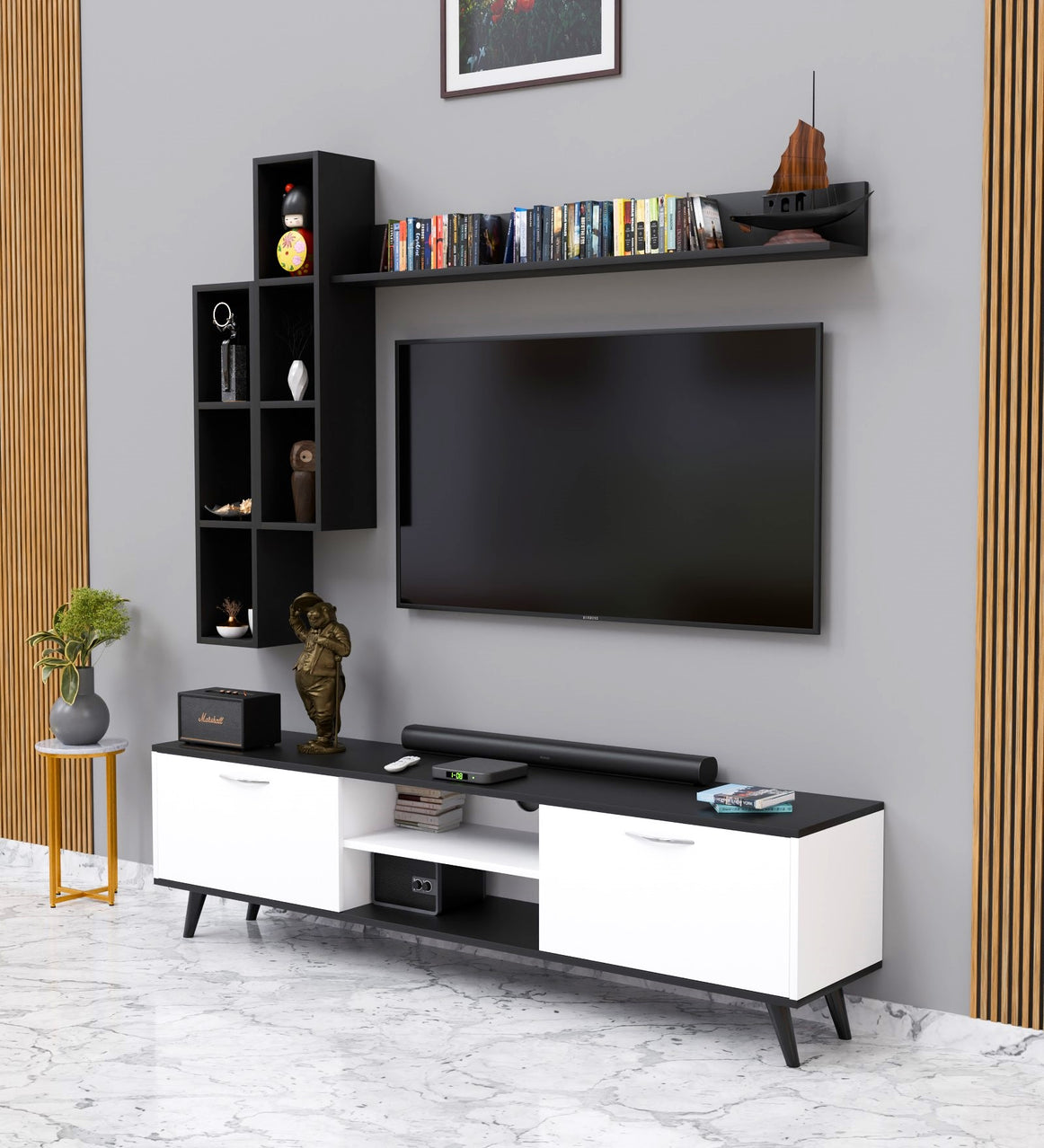Spyder Craft Matte Finish B12 TV Unit with Wall Shelf TV Stand with Bookshelf Wall Mounted Size: 180 cm, Color: Black and White || Assembly -DIY (Do-It-Yourself)
