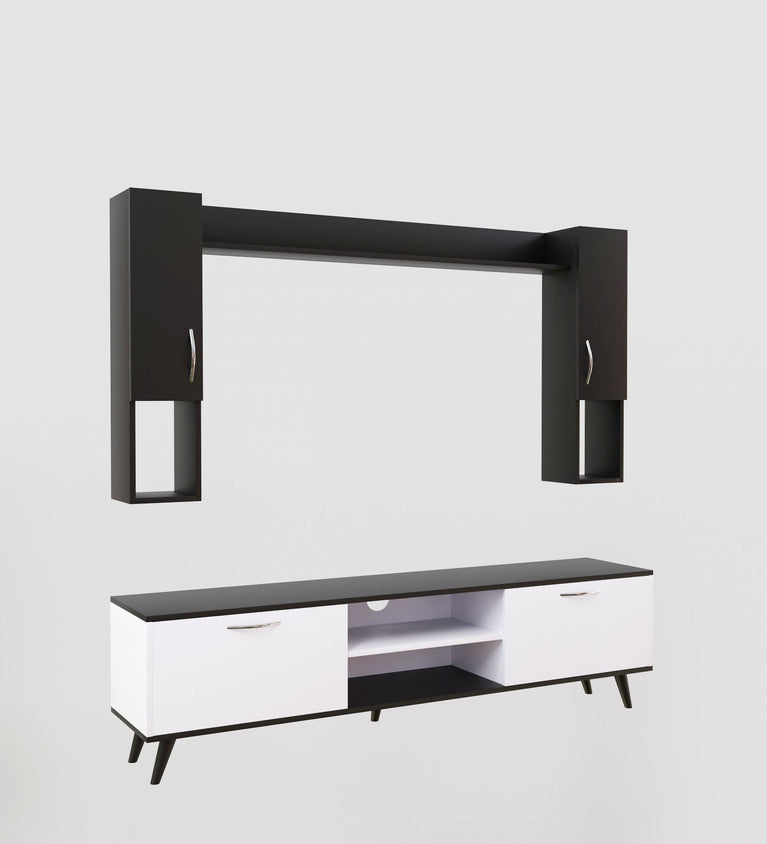 Spyder Home Decore Craft Matte Finish M5 Tv Unit with Wall Shelf, Wall Mounted with Shelf Modern Leg, 180 Cm Color: White and black|| Assembly -DIY (Do-It-Yourself)