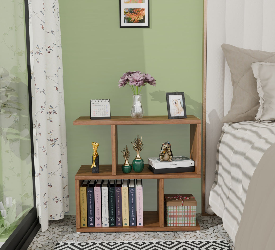 Spydercraft Zig Zag Bedside Table in Noce Lyon Finish | Modern Wooden Nightstand with Open Shelves | Engineered Wood Side Table