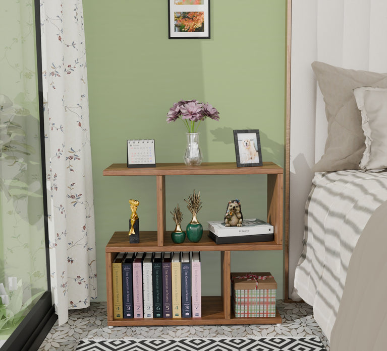 Spydercraft Zig Zag Bedside Table in Noce Lyon Finish | Modern Wooden Nightstand with Open Shelves | Engineered Wood Side Table