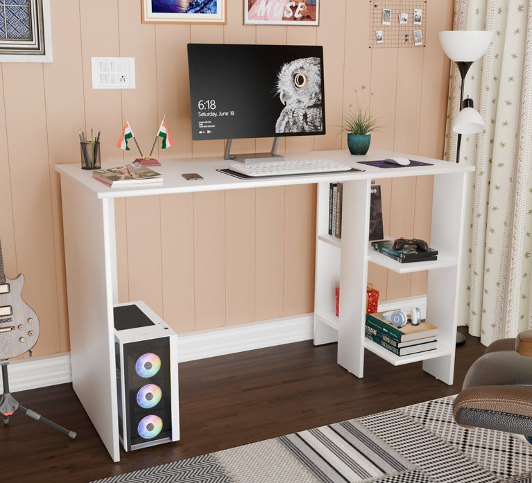 Spydercraft Modern Study Table with Storage Shelves in White Finish | Minimalist Computer Desk for Home & Office