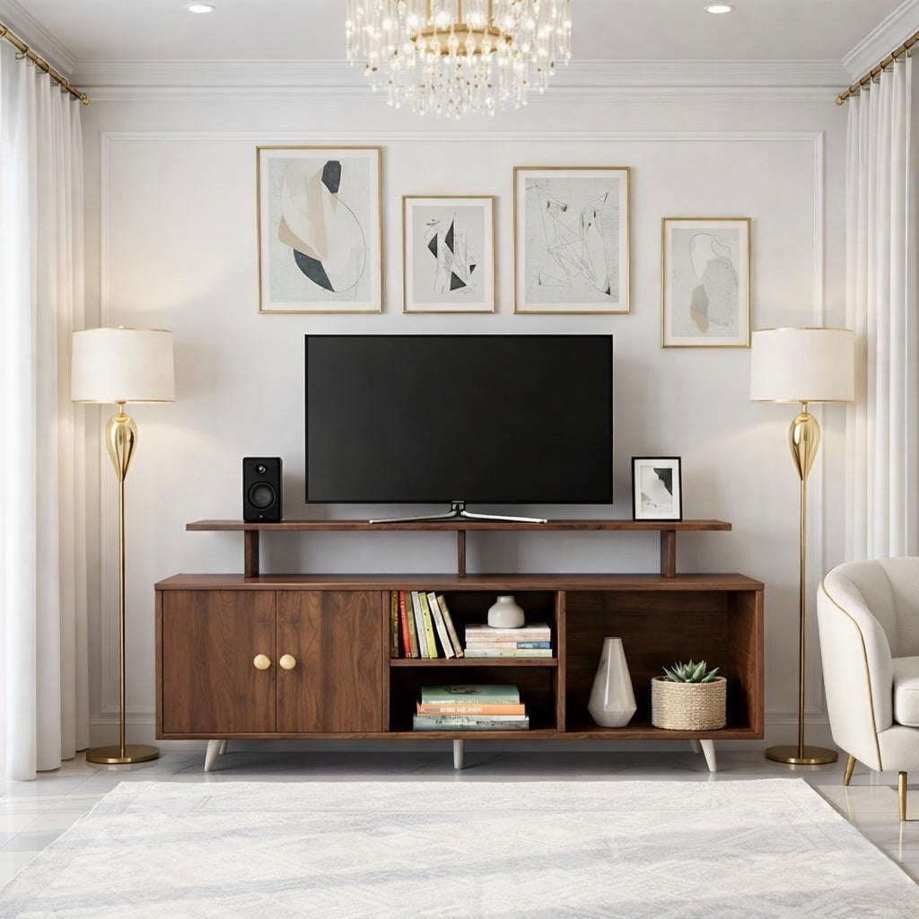 Spydercraft Modern Marbay TV Unit with Storage & Display Shelf – Space-Saving Entertainment Console in Black & White Finish