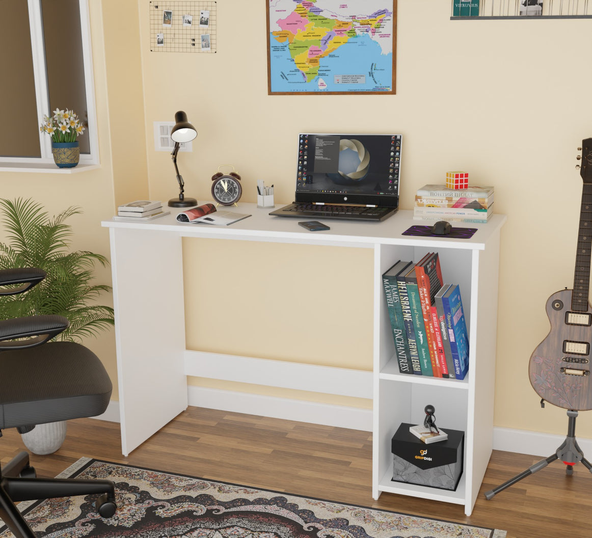 Spydercraft Orchid Study Table | Modern Study & Office Desk with Open Storage Shelves | Engineered Wood Writing Table for Home & Office | White Finish