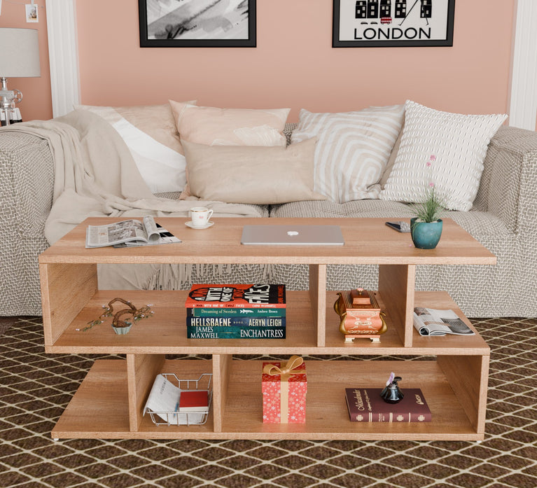 Spydercraft Zig Zag Bedside Table in Canyon Oak Finish | Modern Wooden Nightstand with Open Shelves | Engineered Wood Side Table