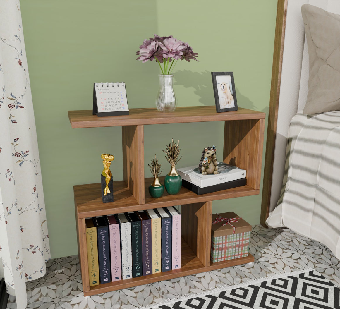 Spydercraft Zig Zag Bedside Table in Noce Lyon Finish | Modern Wooden Nightstand with Open Shelves | Engineered Wood Side Table