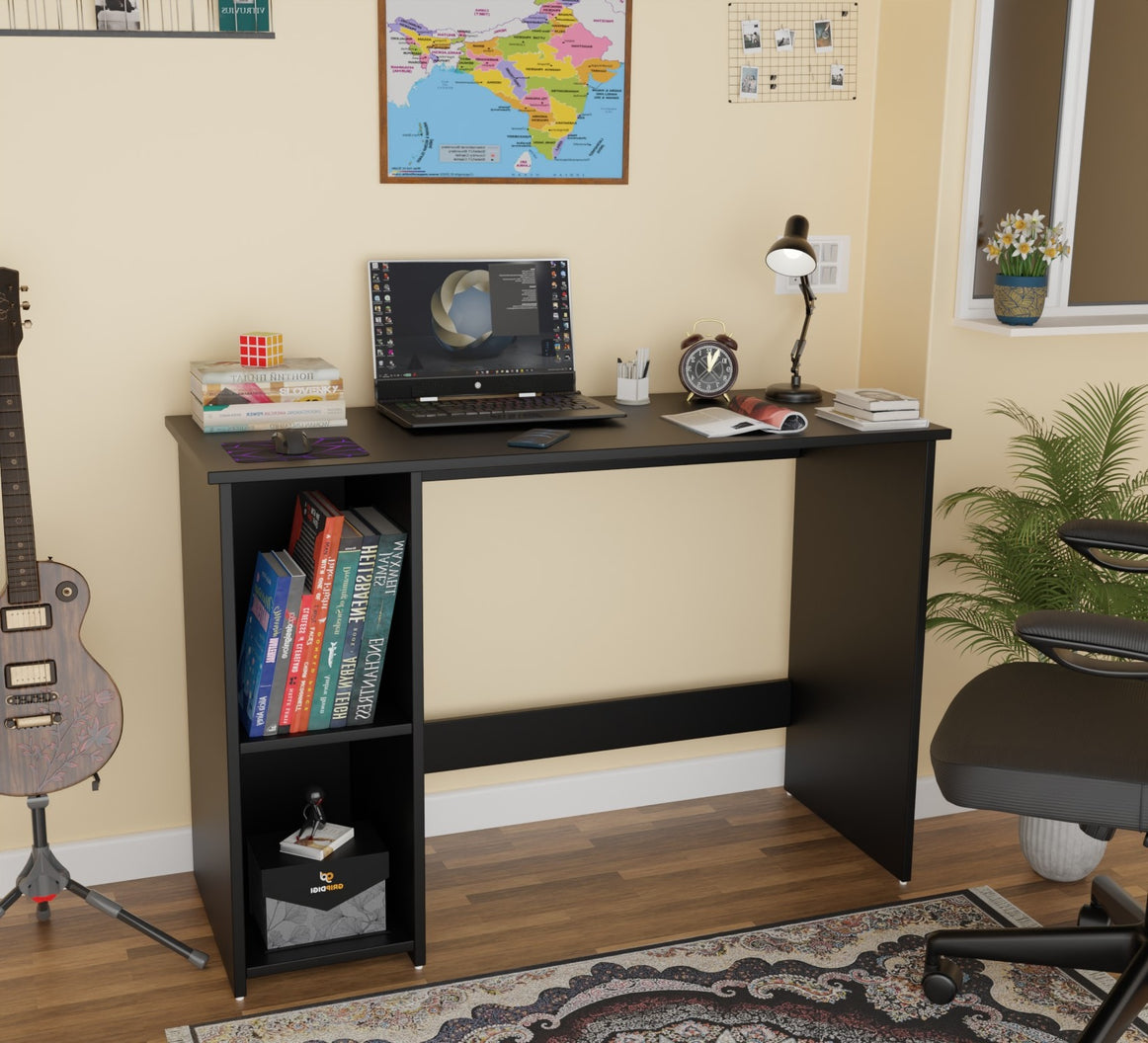 Spydercraft Orchid Study Table | Modern Study & Office Desk with Open Storage Shelves | Engineered Wood Writing Table for Home & Office | Black Finish