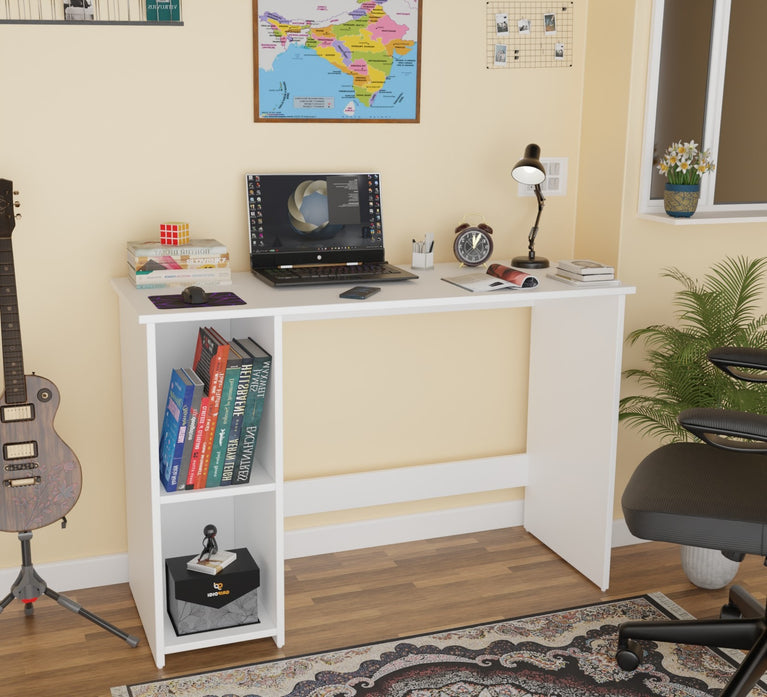 Spydercraft Orchid Study Table | Modern Study & Office Desk with Open Storage Shelves | Engineered Wood Writing Table for Home & Office | White Finish