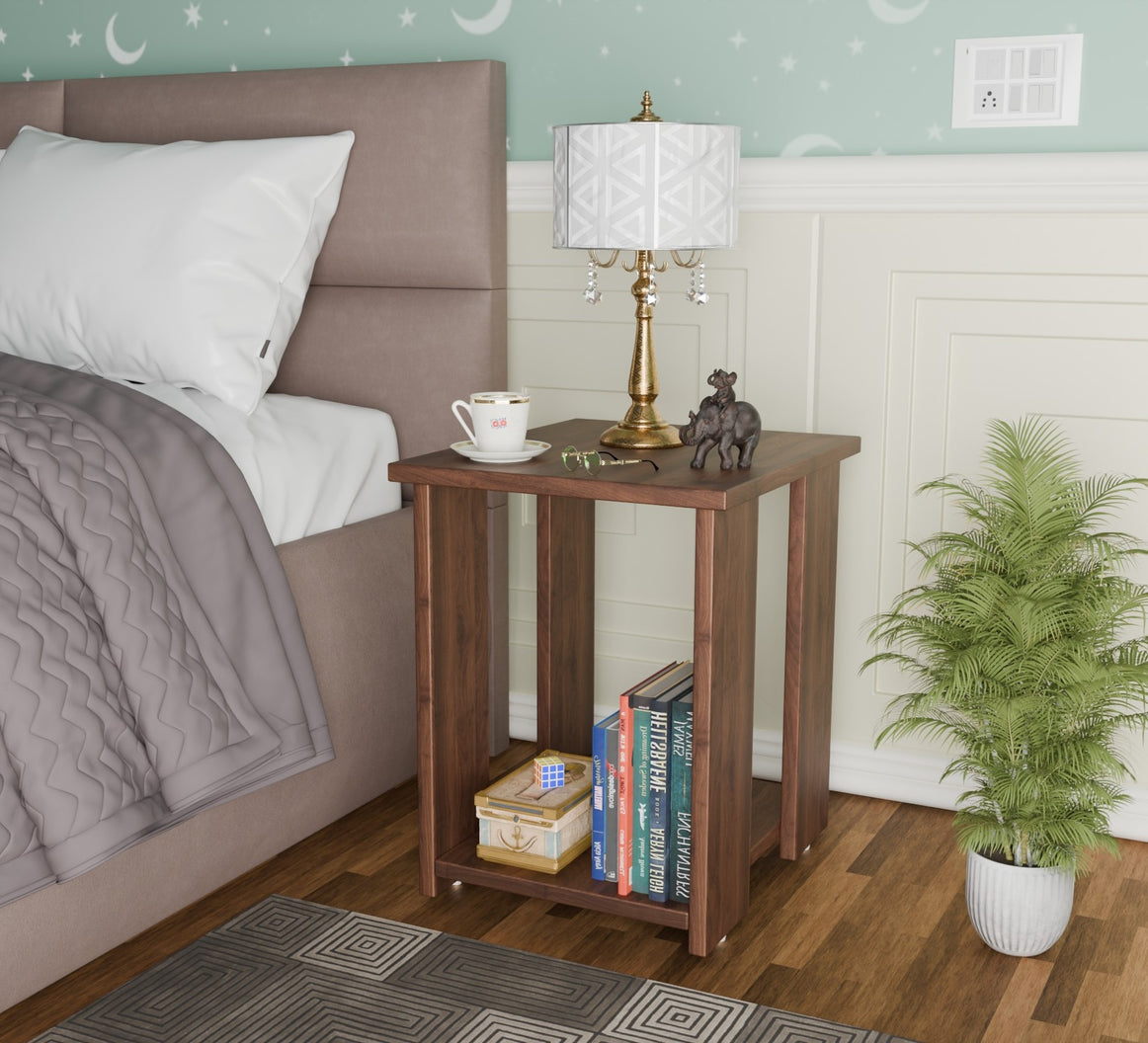 Spydercraft Modern Bedside Table in Columbian Walnut Finish with Open Storage Shelf | Compact Night Stand for Bedroom & Living Room | Engineered Wood