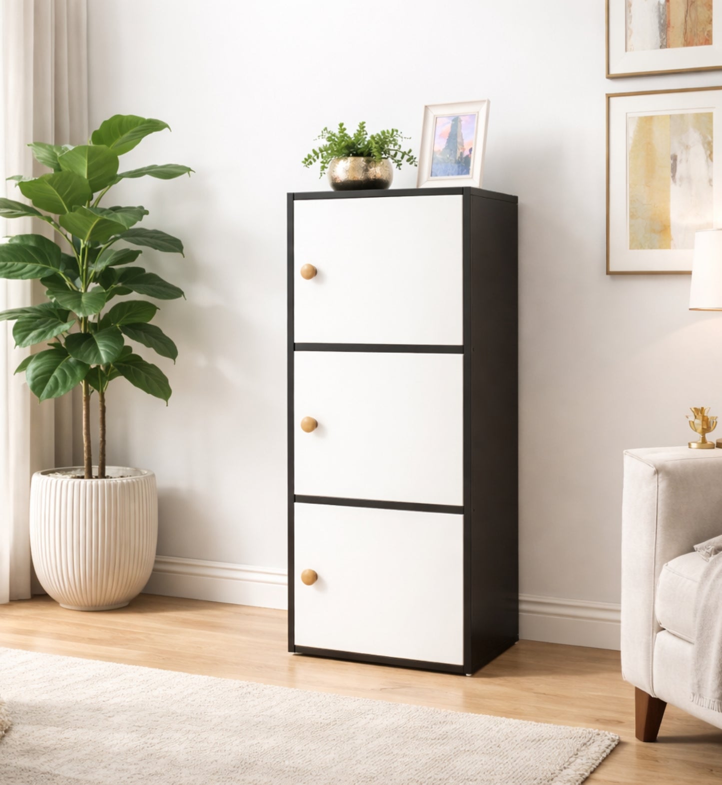 3-Tier Multipurpose Storage Cabinet – Compact Vertical Organizer in Black & White