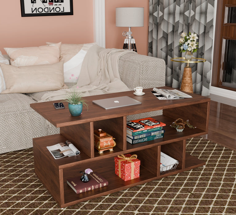 Spydercraft Zig Zag Bedside Table in Columbian Walnut Finish | Modern Wooden Nightstand with Open Shelves | Engineered Wood Side Table