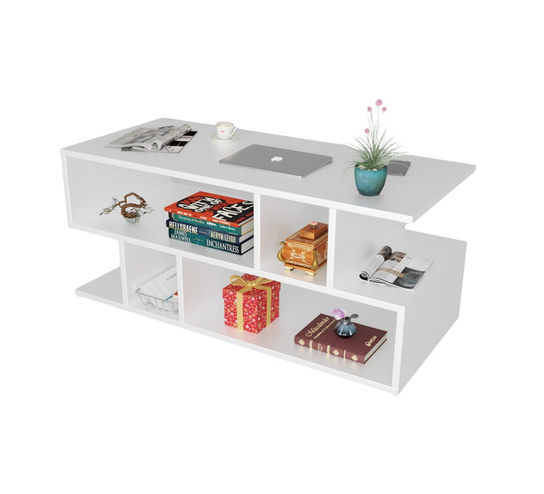 Spydercraft Zig Zag Bedside Table in White Finish | Modern Wooden Nightstand with Open Shelves | Engineered Wood Side Table